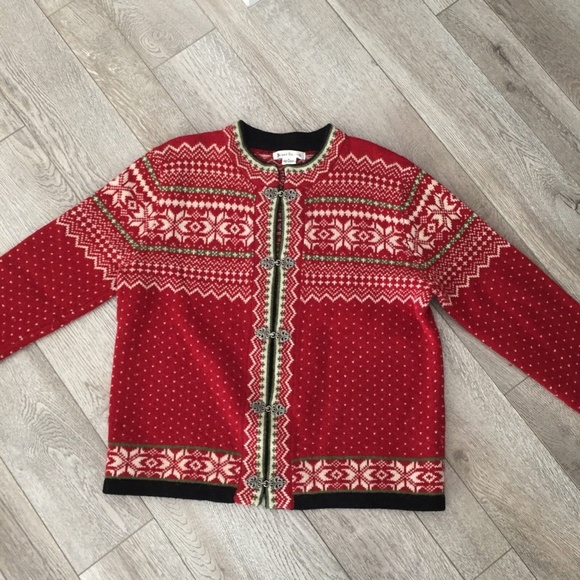 Susan Bristol Women Wool Cardigan Sweater Nordic Fair Isle Metal Clasps Hooks Lg - Picture 2 of 9